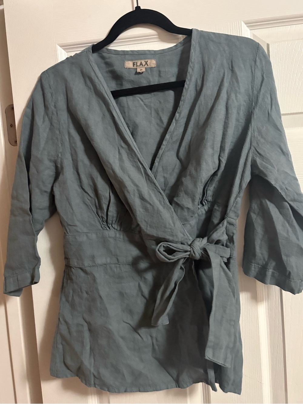 100% Linen Flax faux wrap blouse top v neck 3/4 sleeve quiet luxury XS (P)
